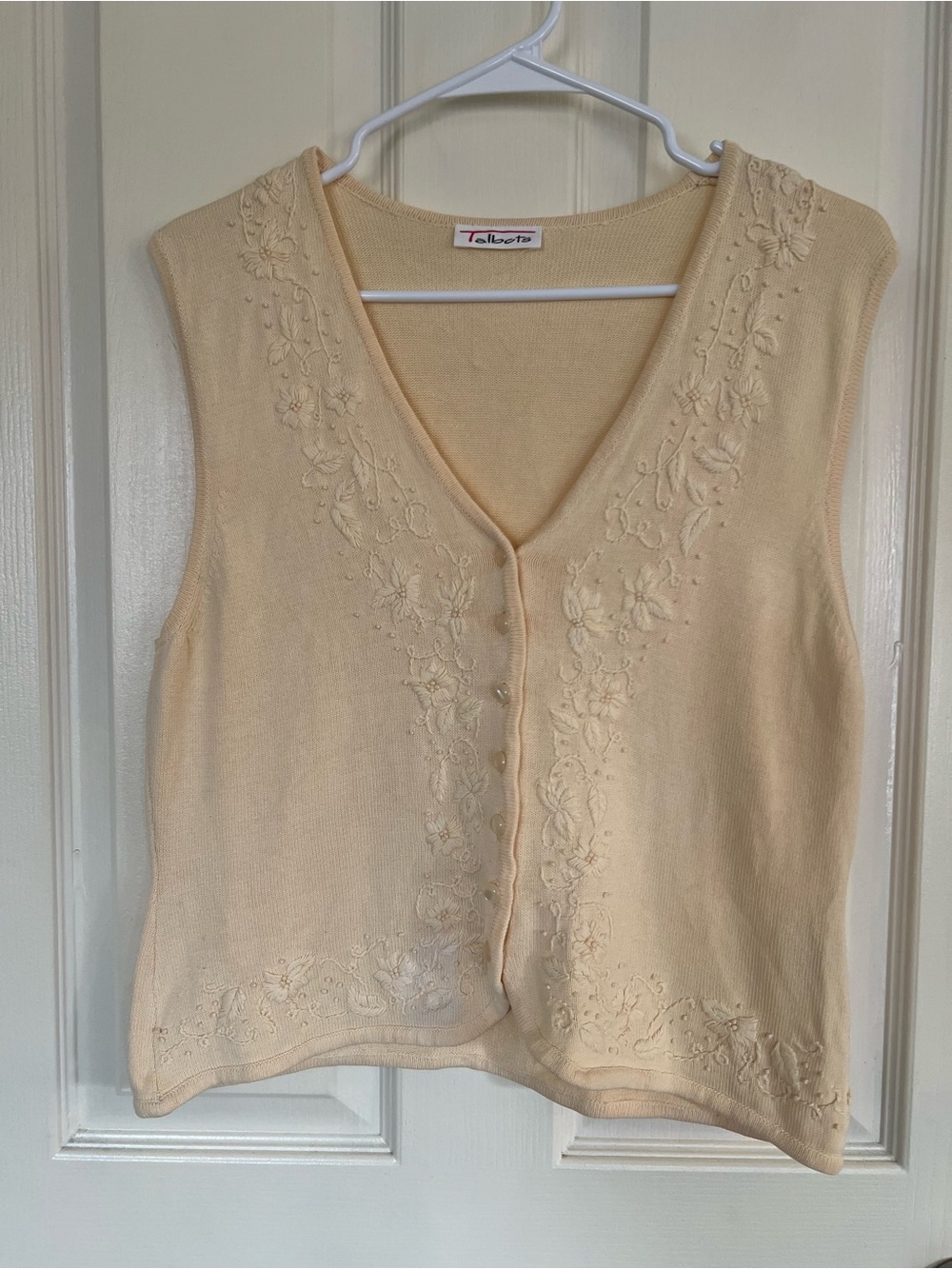 Vintage Talbots Cream Floral Embroidered Sweater Vest Button Front